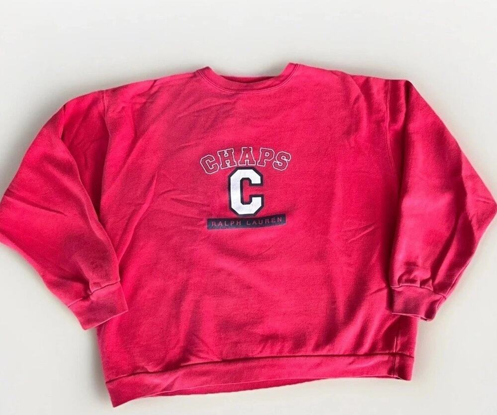 Vintage Chaps Ralph Lauren Red Sweatshirt Large Logo Script Print Athletic Retro